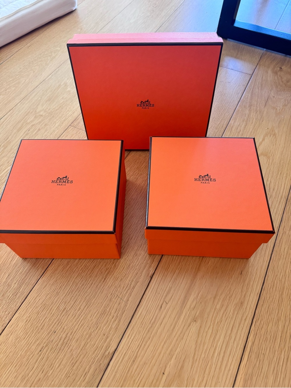 Hermes orange designer square empty boxes with ribbons sets of 3
